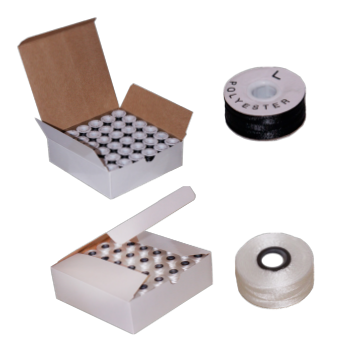 Caja con las bobinas con hilos