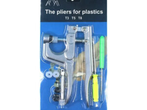 Alicates para poner  remaches pequeños  de plástico T3, T5 y T8.  Incluye un destornillador.
