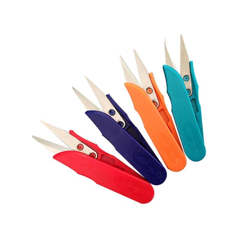 Tijeras de plástico para repasar hilos en prendas, con agujero para colocar el dedo.